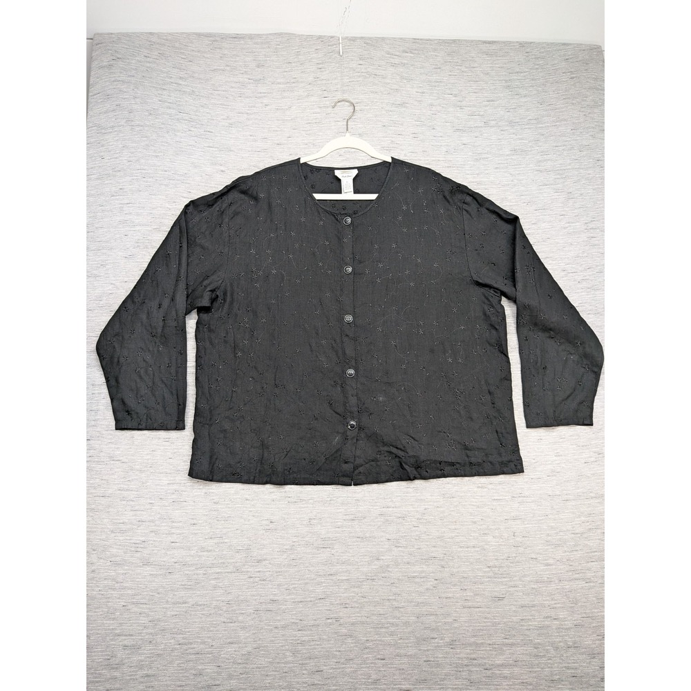 Talbots Shirt Womens XL Black Irish‎ Linen Floral Embroidered Button Front Top